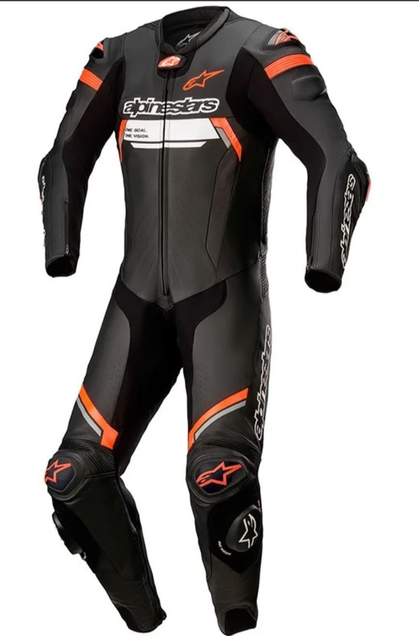 Alpinestars Missile V2 Ignition 1-Piece Leather Suit in Black and Fluo Red